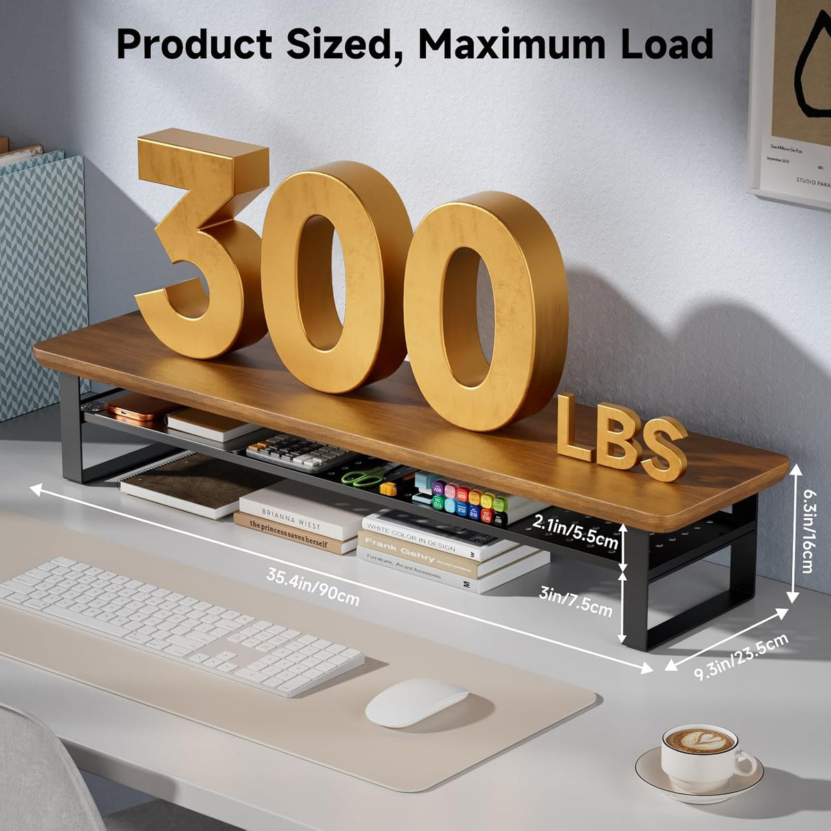 Dual Monitor Stand, 35.4 Inch Monitor Stand Riser for 2 Monitors, 2 Tiers Wood Desk Shelf with Storage, Desktop Organizer Stand for Computer, Laptop, Printer, TV