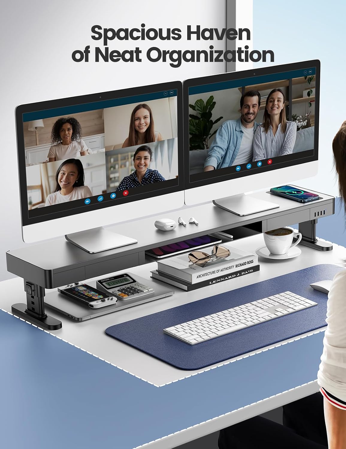 meatanty Dual Monitor Stand with 4 Adjustable Heights, Auto Phone Charging Pad, 4 USB Ports, Computer Riser with Drawers Storage, Metal Double Desk Organizer Lifter Raiser for 2 Monitors Screen Gift