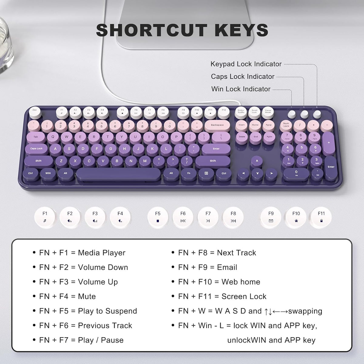 KNOWSQT Wired Computer Keyboard - Purple-Gradient Colorful Retro Full Size Round Keycaps Plug and Play Typewriter Cute Keyboards for Windows, Laptop, PC, Desktop, Computer