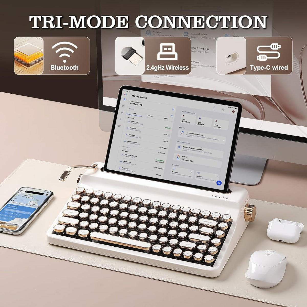 YUNZII QL75 Retro Typewriter Hot Swap RGB Keyboard (White, Onyx Switch)