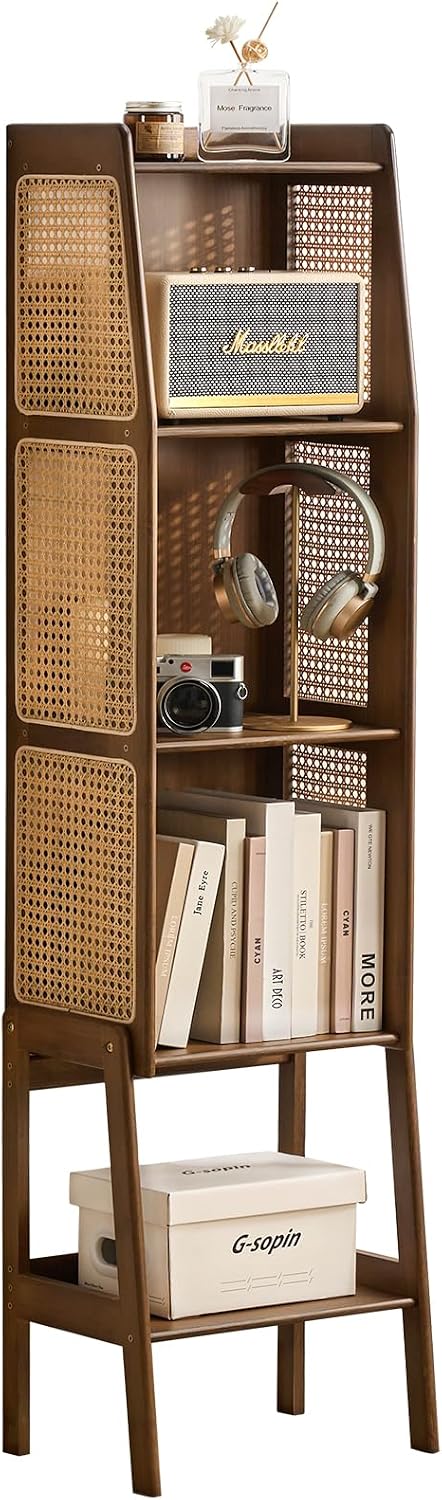 Welnow Bamboo Rattan Bookcase with Cabinet，4-Tier Wicker Bookshelf,Walnut