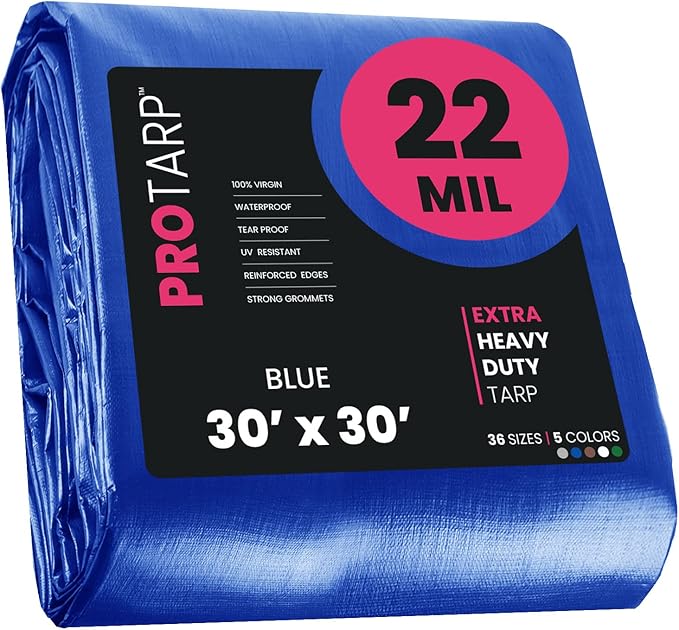 PROTARP Extreme Heavy Duty 22 Mil Tarp Cover, Waterproof, UV Resistant, Rip and Tear Proof, Poly Tarpaulin with Reinforced Edges for Roof, Camping, Patio, Pool, Boat. (Blue 30′ X 30′)