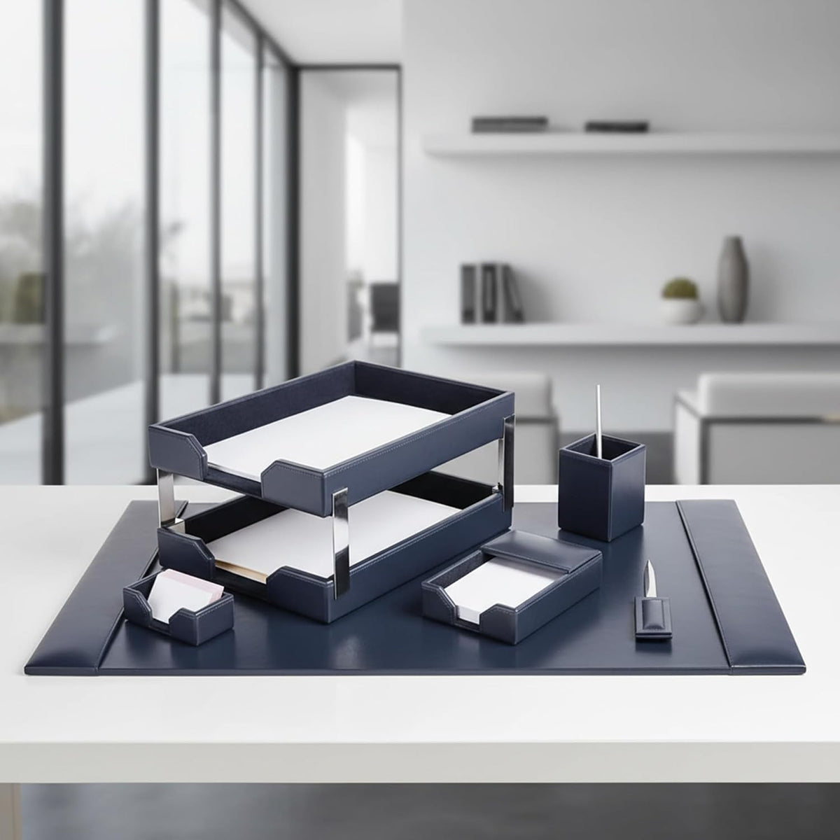 DACASSO Bonded Leather Desk Set - Luxury Leather Desk Pad & Desk Organization Essentials (Navy Blue, 8 Piece)