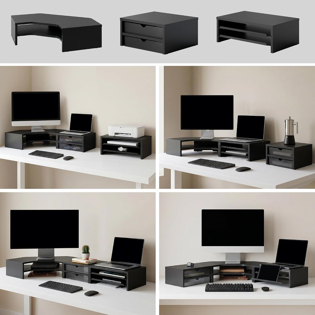 Fenge Dual Monitor Stand, Corner Desk Shelf with Drawer & Slide-Out Tray