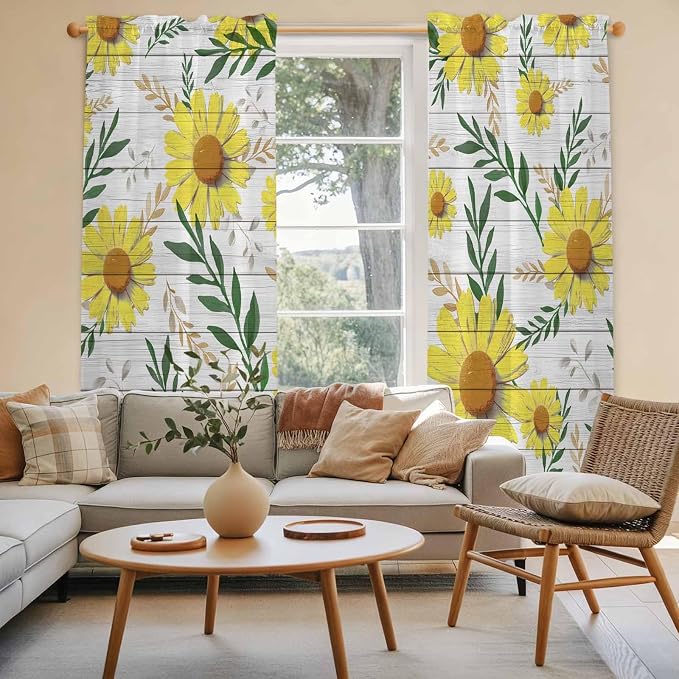 Yellow Daisy Kitchen Curtains, Farmhouse Country Flower Leaf Plant Wood Grain
