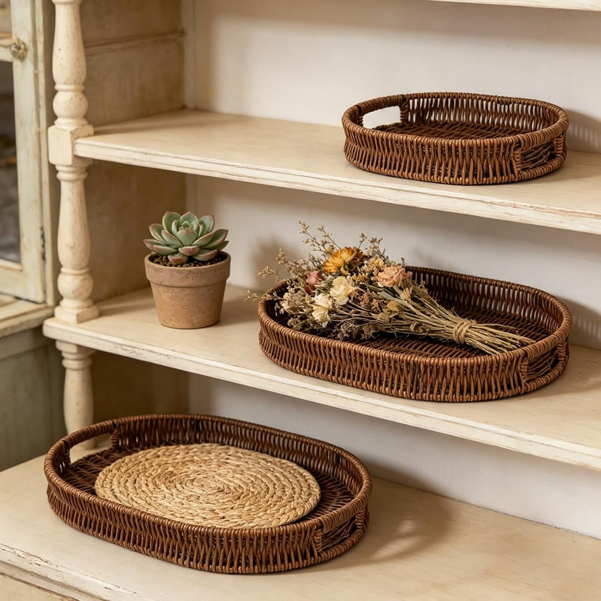 Set of 3 Serving Tray for Foods & Drinks, Faux Rattan Trays with Handles, Wicker Tray Handwoven Organizer Baskets Storage Decorative Coffee Table Brown