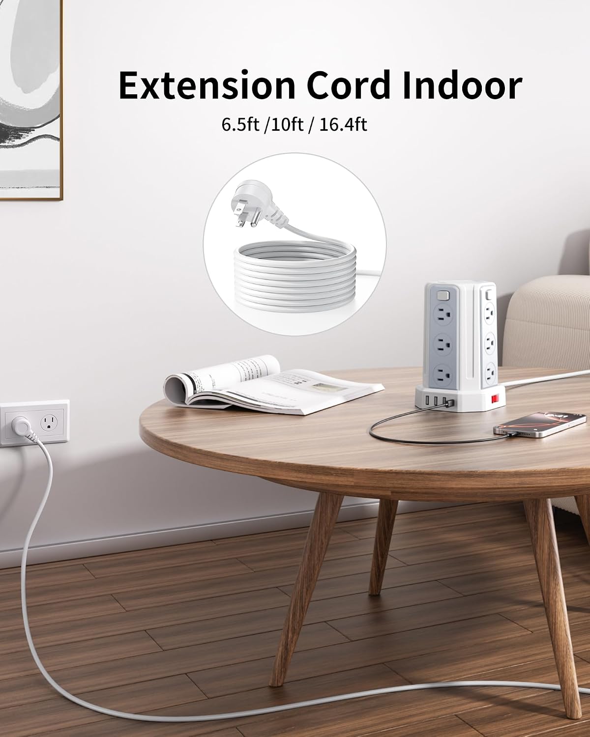 Power Strip 6.5 Ft Extension Cord with 12 AC Multiple Outlets 4 USB (1 USB C), SMALLRT Power Strip Tower Desktop Charging Station for Home Office College Dorm Essentials