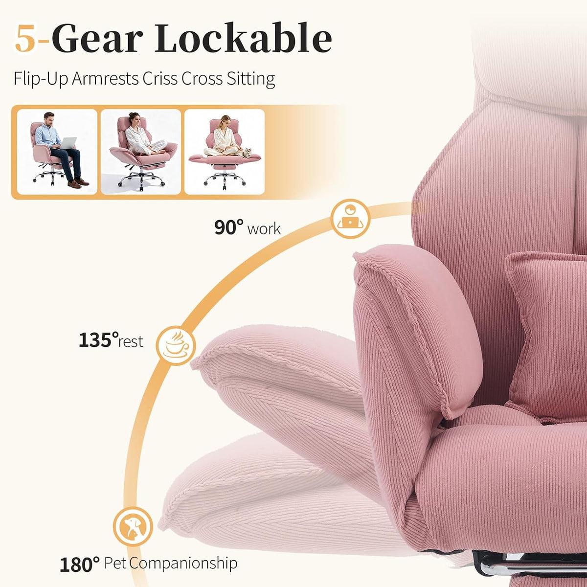 Criss Cross Office Chair with Footrest - 5-Gear Flat Armrests Corduroy Desk Chair, Reclining Wide Ergonomic Computer Chair with Lumbar Pillow, High Back Swivel Vanity Chair