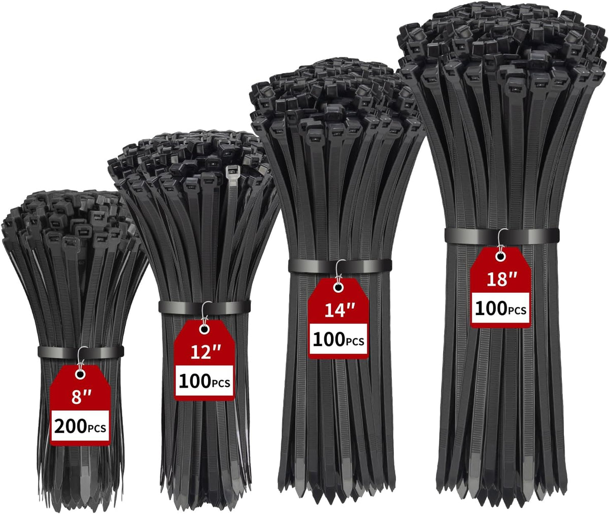 BethTie 500 Pcs Black Zip Ties Assorted Sizes 8"+12"+14"+18" 220 LBS