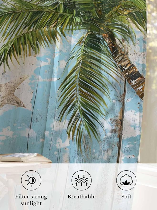 Sheer Curtains 54 Inch Length, Coastal Beach Blue Semi Sheer Curtains Light