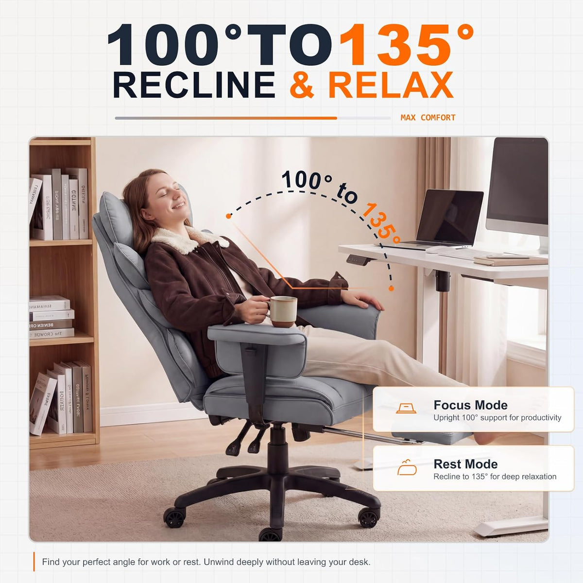 Dowinx Big and Tall Office Chair with Pocket Spring Cushion,High Back Computer Gaming Chairs with Adjustable Armrests,Executive Desk Chairs with Lumbar Support and Footrest,PU-Grey
