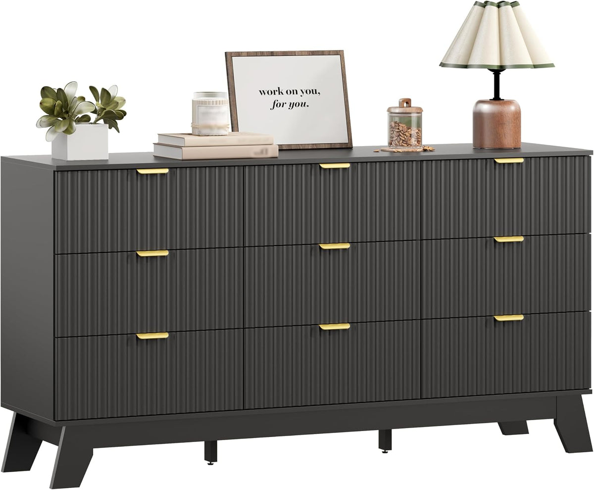 Wodeer 9 Drawer Fluted Dresser for Bedroom, Mid Century Modern Dresser with 9 Drawers, Dressers & Chests of Drawers with Metal Handle, TV Stand & Storage Organizer for Entryway, Hallway, Black