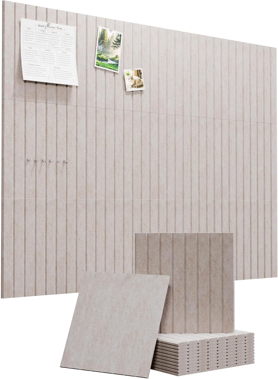 Large Felt Bulletin Board Tiles 48" x 36" Cork Board Alternative (Light Camel, Fine-Stripe 12-Pack)