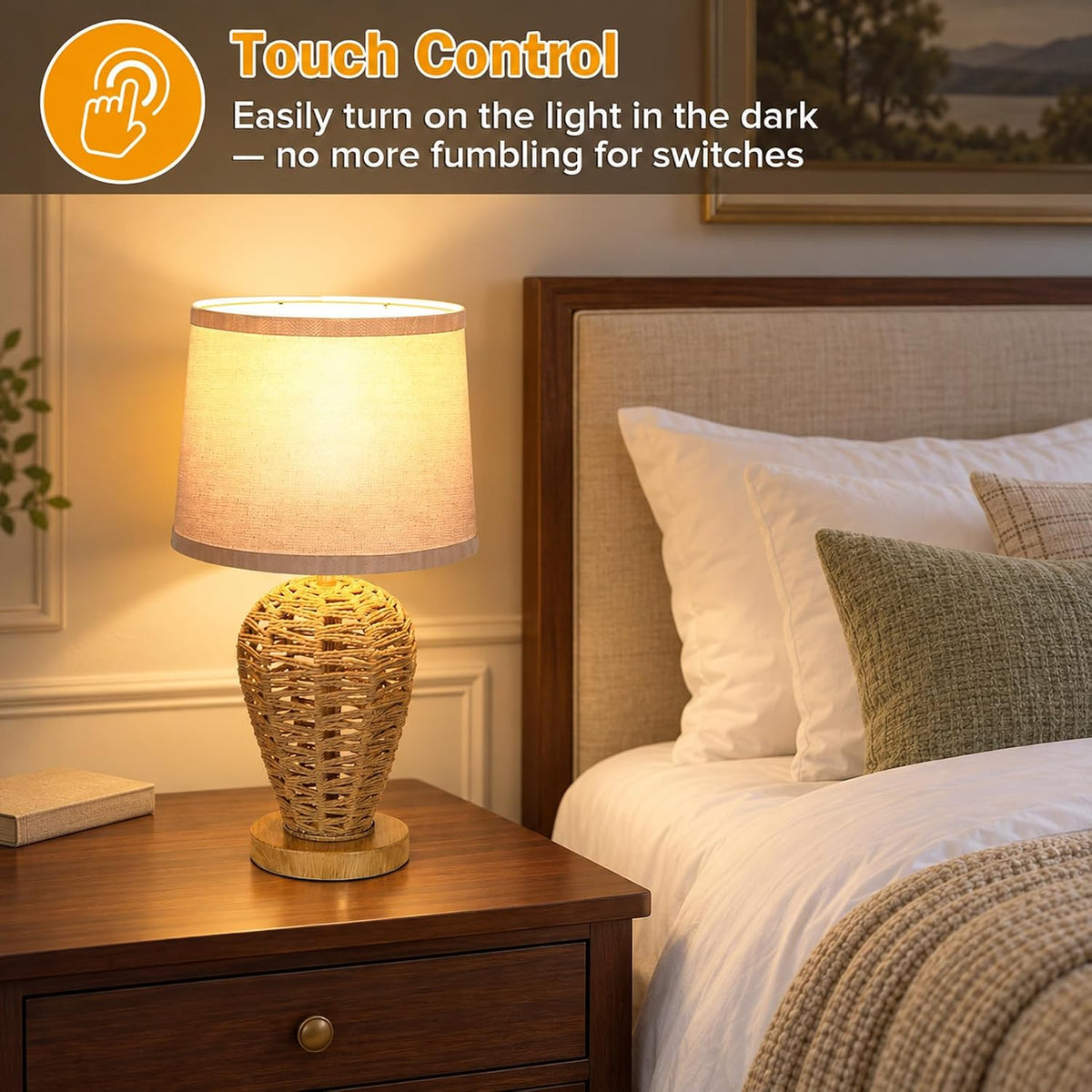 19" Boho Table Lamp with 100% Hand Woven Rattan Body & Wood Grain Finish