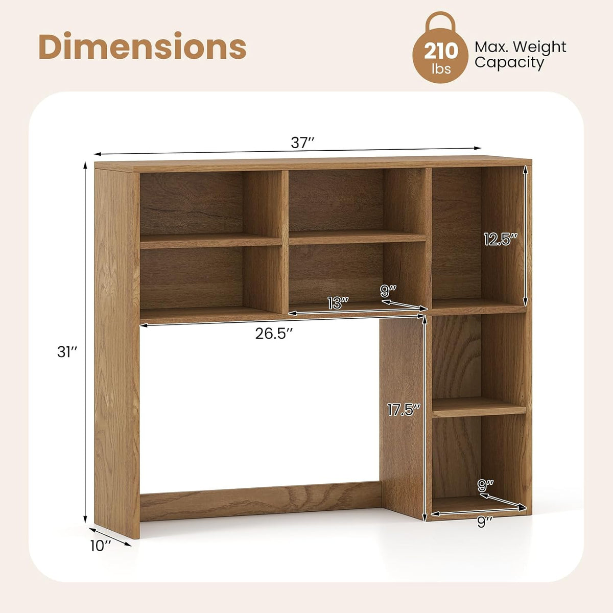 MAT EXPERT Wooden Desktop Bookshelf, Countertop Desk Hutch w/ 7 Cubes & Adjustable Shelves, Anti-toppling Kits, Table Top Organizer Shelf Fits Monitors up to 27” for Dorm, Office, Study (Natural)