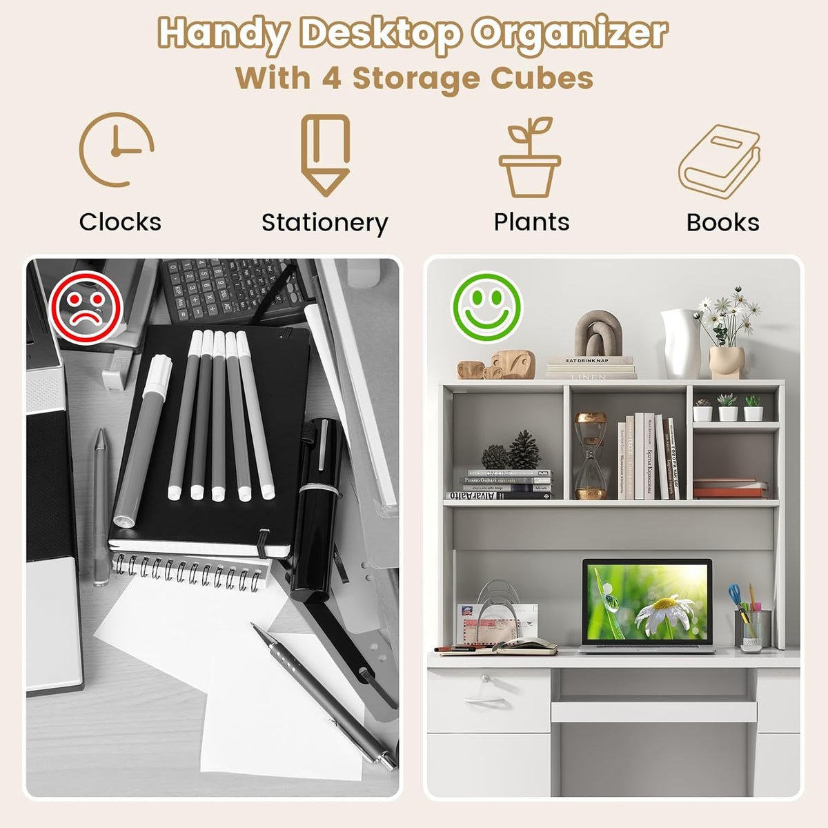 GOFLAME Desk Hutch Dorm White, 4 Cubes Desktop Bookshelf, 37” Wood Tabletop Storage Organizer Shelf for Computer Monitor, Modern Countertop Display Hutch, Home Office, Study
