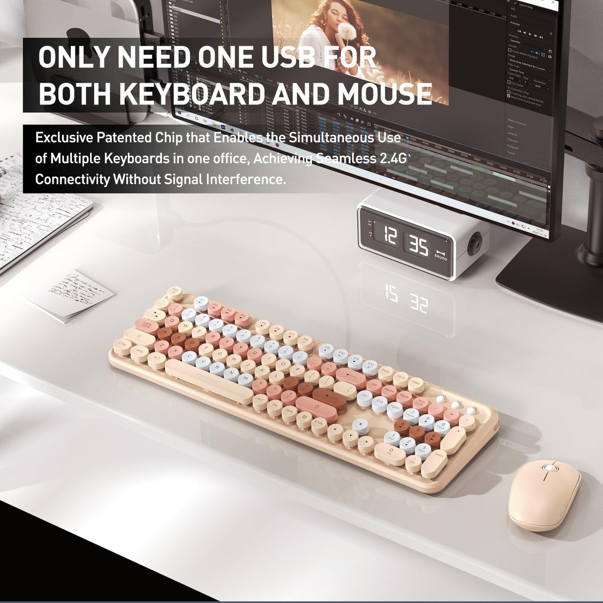 Beige Wireless Keyboard Mouse Combo,Bubble Colorful Keycaps,for PC Laptop