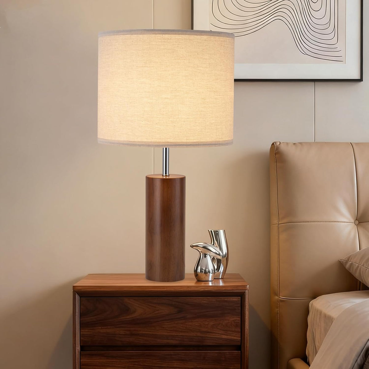 lapupu 23.5" Wood Table Lamps Set of 2 for Living Room, Vintage Farmhouse Bedside Lamps for Bedroom, Large Round Desk Lamps for End Table Nightstand, Walnut Wood