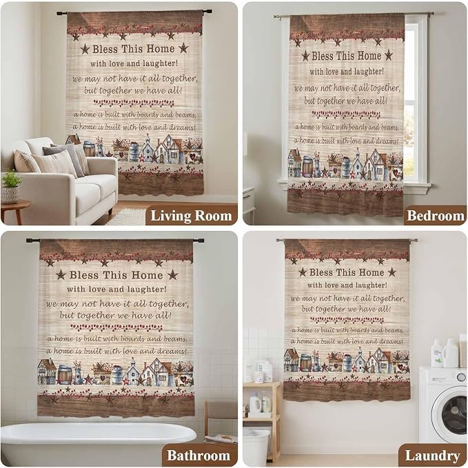 Farmhouse Sheer Curtains 54 Inch Length Brown Country Star Berry Vintage Wood