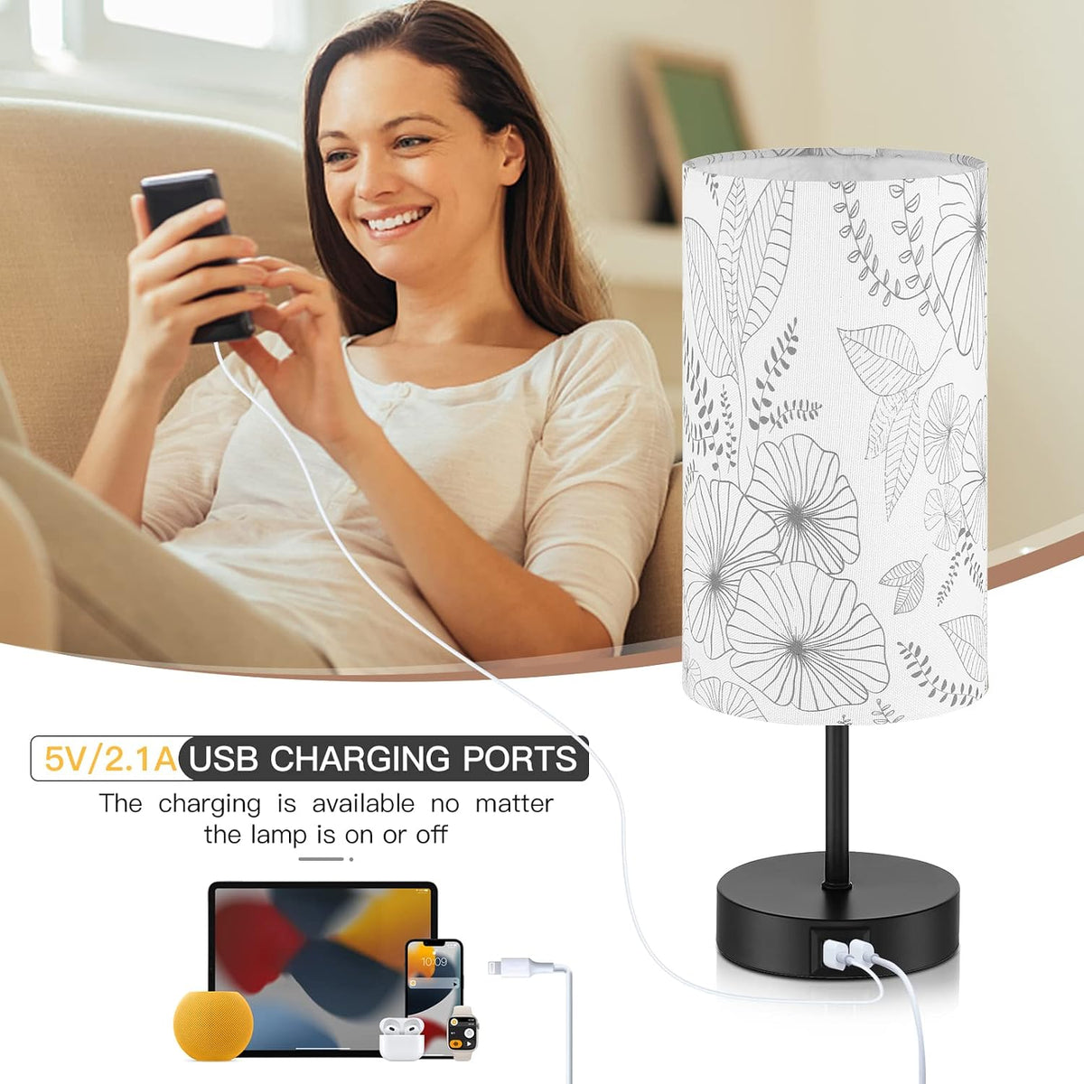 CINSARY Touch Control Bedside Lamp with 2 USB Ports, 3-Way Dimmable Table lamp for Bedroom, Nightstand Lamp with Round Flower Fabric Shade for Living Room Home Office (E26 LED Bulb Included)