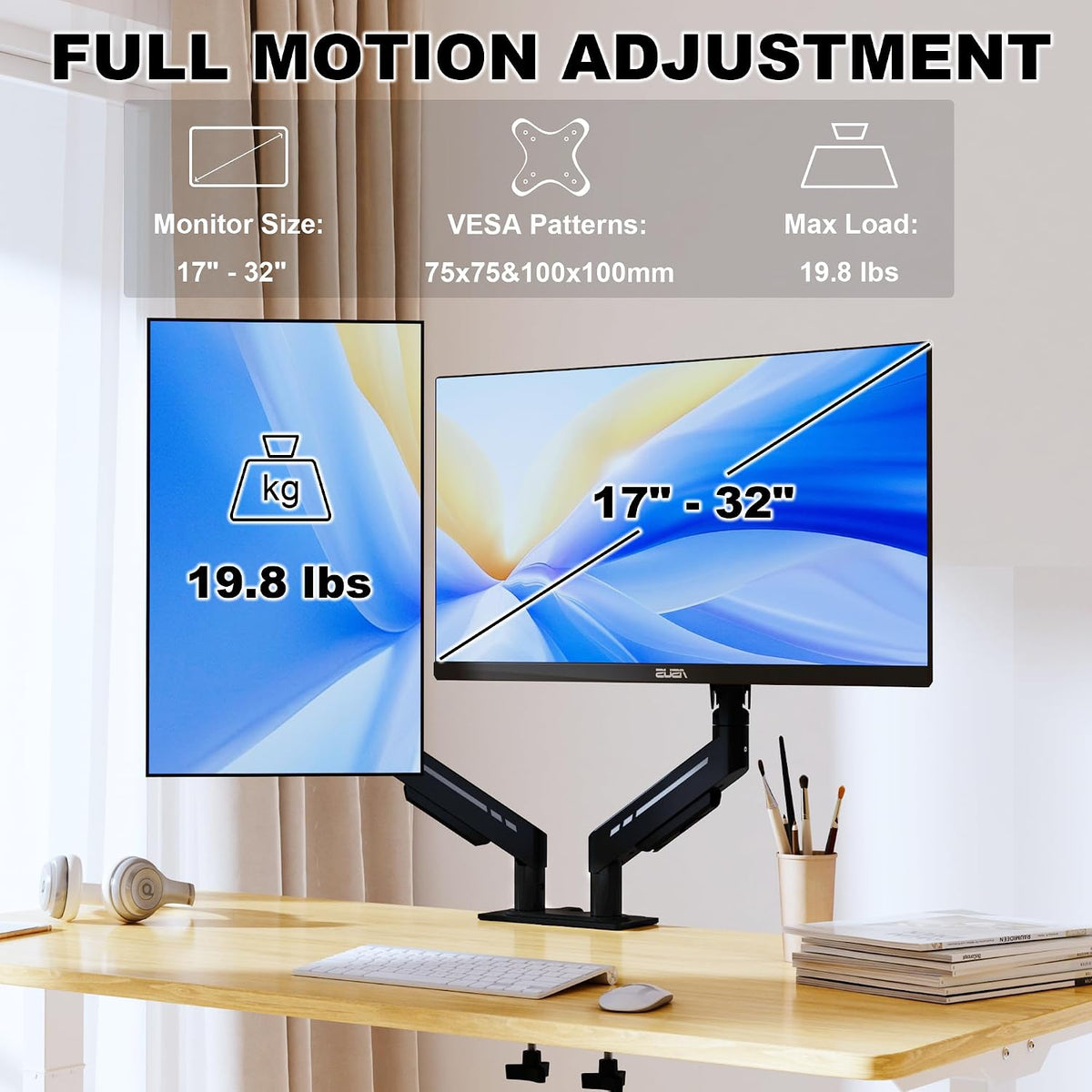 THEARK Dual Monitor Stand for Desk - Dual Monitor Mount for 17-32 Inch Screens,Height Adjustable Dual Monitor Arm Desk Mount with Clamp and Grommet Base,75x75/100x100mm VESA Mount,Max 19.8 lbs,Black