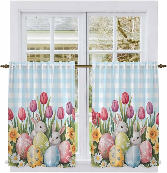 Easter Kitchen Tier Curtains 45 Inch Long 2 Panel Set, Rod Pocket Short Window