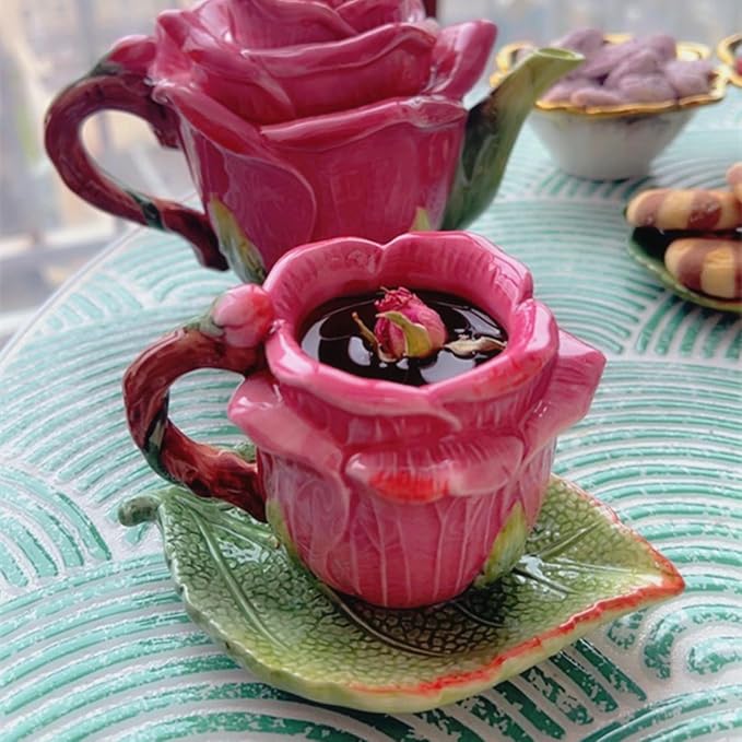 Ceramic Rose Tea Pot Set, 3D Hand-painted Rose Red Flower Cup and Green Leaves