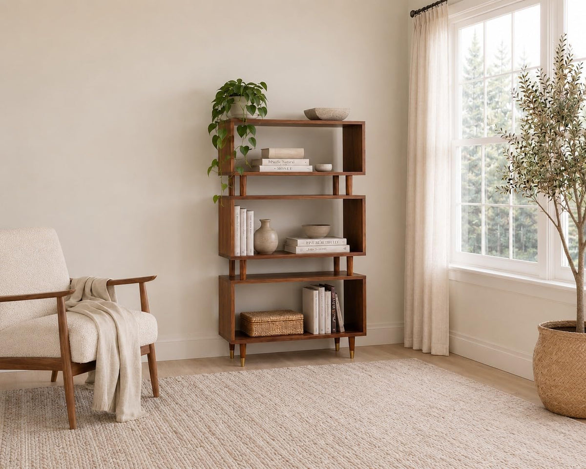 Mesa 3 Tier Bookshelf, Mid Century Bookcase for Living Room, Bedroom Furniture & Home Office, Solid Wood Storage Shelves with Gold Legs, 59.5" Tall Modern Book Shelf, Walnut