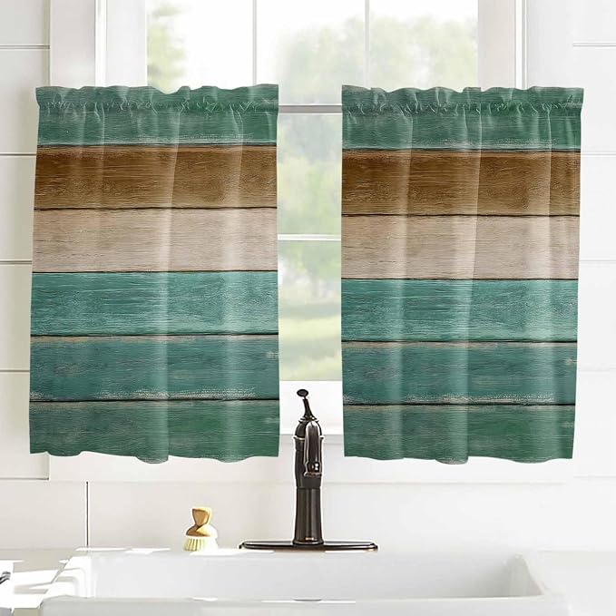 Vintage Plank Turquoise Brown Window Valance Curtains, Farmhouse Wood Grain