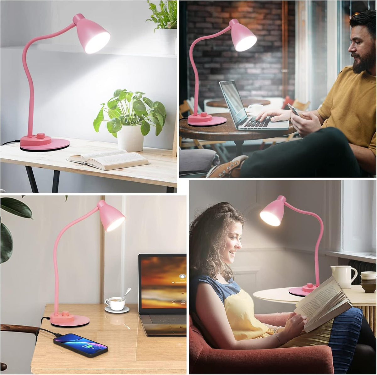 BOHON Cute Desk Lamp with USB Charging Port, 3 Color Modes Dimmable, Pink