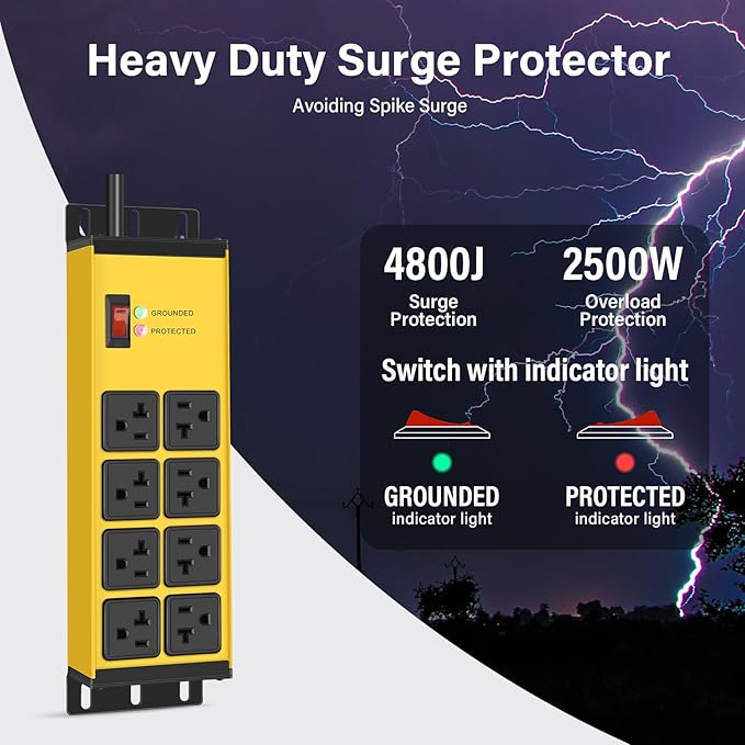 CCCEI Yellow Heavy Duty Power Strip Surge Protector 20 AMP, 8 Outlets 12 Gauge Industrial Shop Garage Metal Multiple Outlets, 12 FT Extension Cord 5-15P Adapter High Amp 6-20R T-Slot 20a for Appliance
