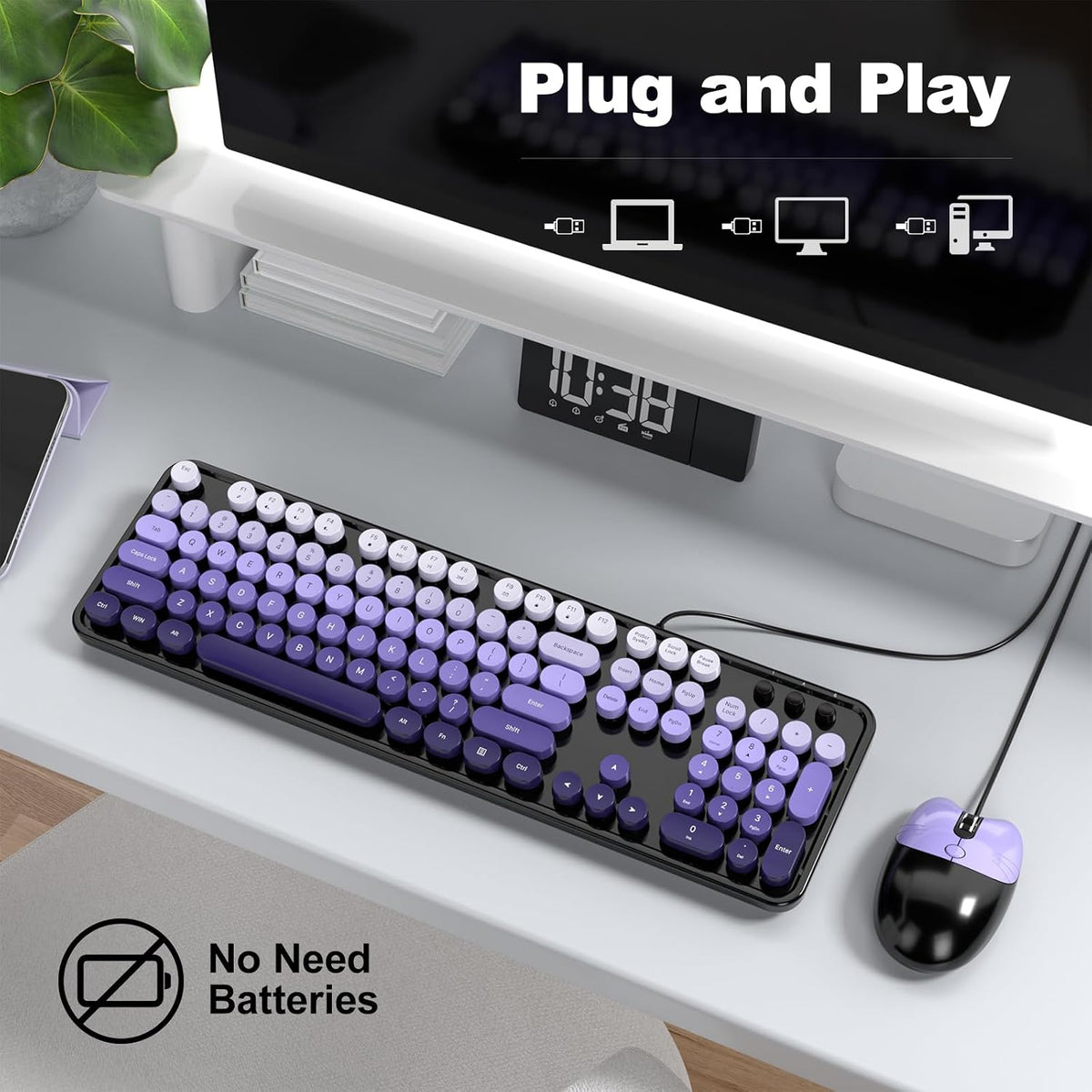 Dilter Wired Keyboard and Mouse Combo, Retro Keyboard with Full Size, Cute Cat Shaped Mouse, USB Plug and Play for Windows 7/8/10, Laptop, Desktop, PC, Computer (Black Purple)