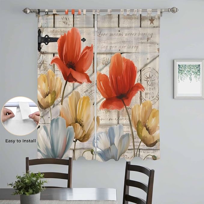Retro Floral Living Room Curtains 96 Inch Length, Window Curtains Tab Top