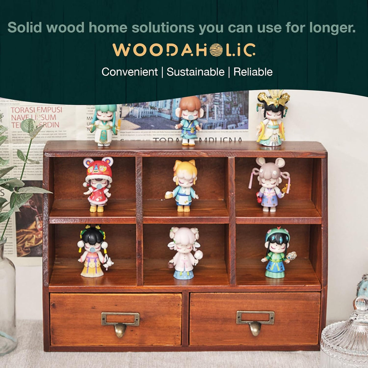 Desktop Mini Pigeon Hole Drawer Organizer - Vintage Farmhouse Wooden Shelves with 6 Compartments & 2 Drawers - Mahogany Wood Drawer Box Display Stand - Office Study Table Organizing Cabinet