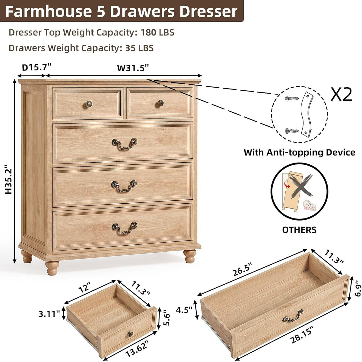 Joaxswe Farmhouse 5 Drawer Dresser for Bedroom, 35" Tall Rustic Chests of Drawers w/ 4 Solid Wood Feet, Mid Century Modern Wooden Closet Storage Dressers Organizer for Living Room, Hallway,Natural
