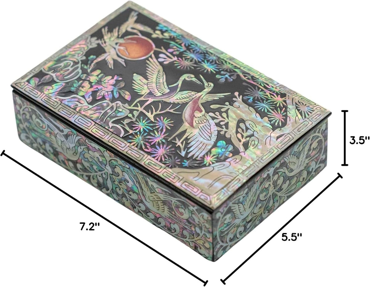 February Mountain Mother of Pearl Trinket Box Organizer for Business Cards, Jewelry or Keys - Small Wooden Box Inlaid - Gifts for Women and Men Ideal for Gifts and Keepsakes (Crane with Pine Tree)