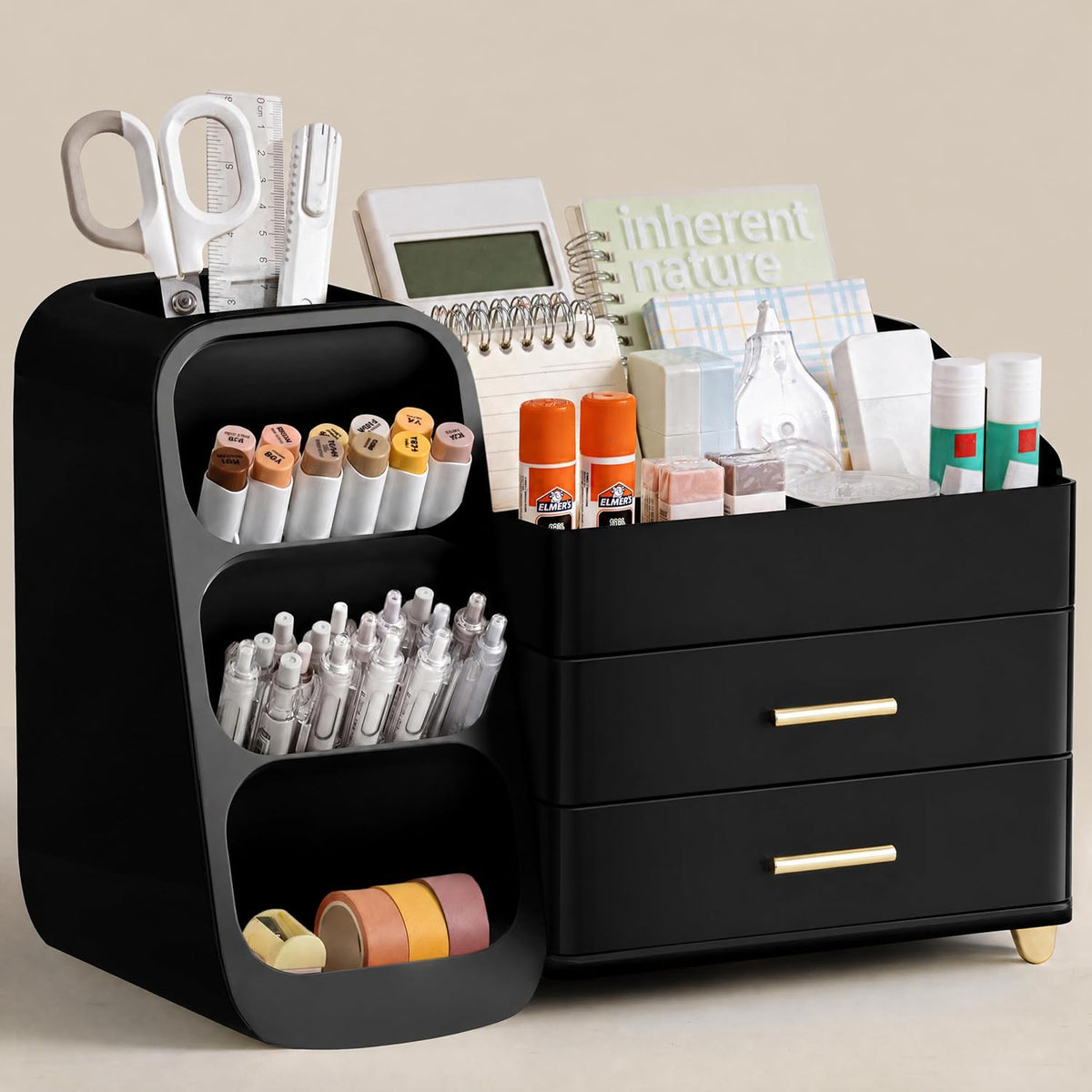 HBlife Desk Organizer with Pen Pencil Holder for Desk, Pen Organizer with 2 Drawers, Desk Organizers and Accessories with 4 Compartments, Desktop Storage for Office Home School Art Supplies, All Black