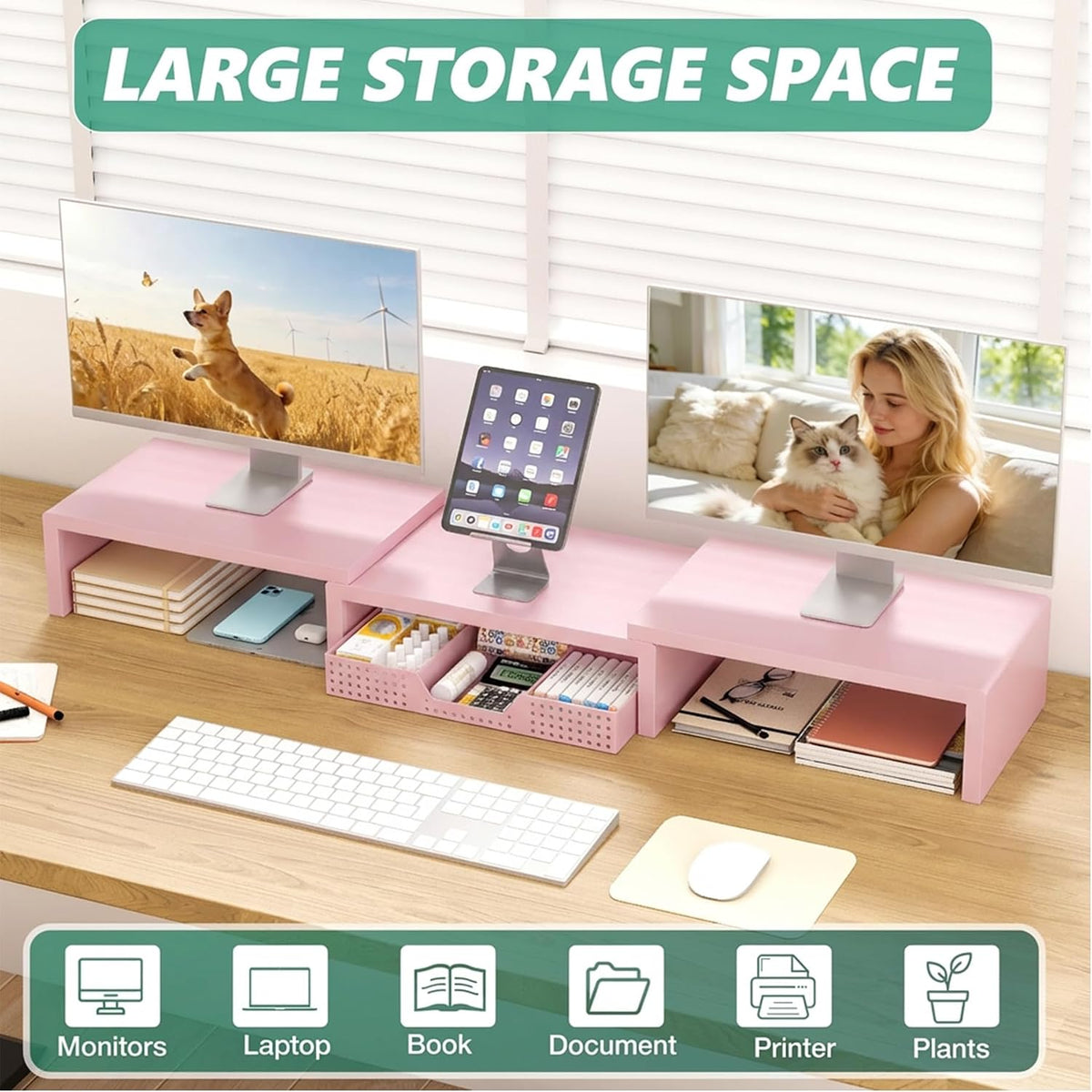 OPNICE Dual Computer Monitor Stand Riser, Desk Organizer with Drawer, Office Desk Accessories & Workspace Organizers for Home Office Supplies, Pink