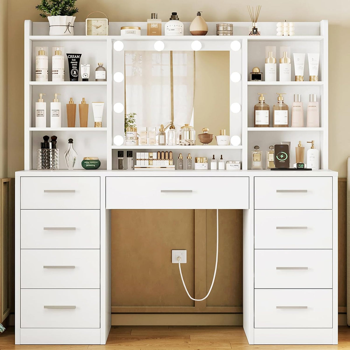 FIONESO Vanity Desk with Mirror and Lights, Power Outlet, Makeup Vanity with 9 Drawers & 6 Open Storage Shelves, 3 Lighting Modes Brightness Adjustable, White