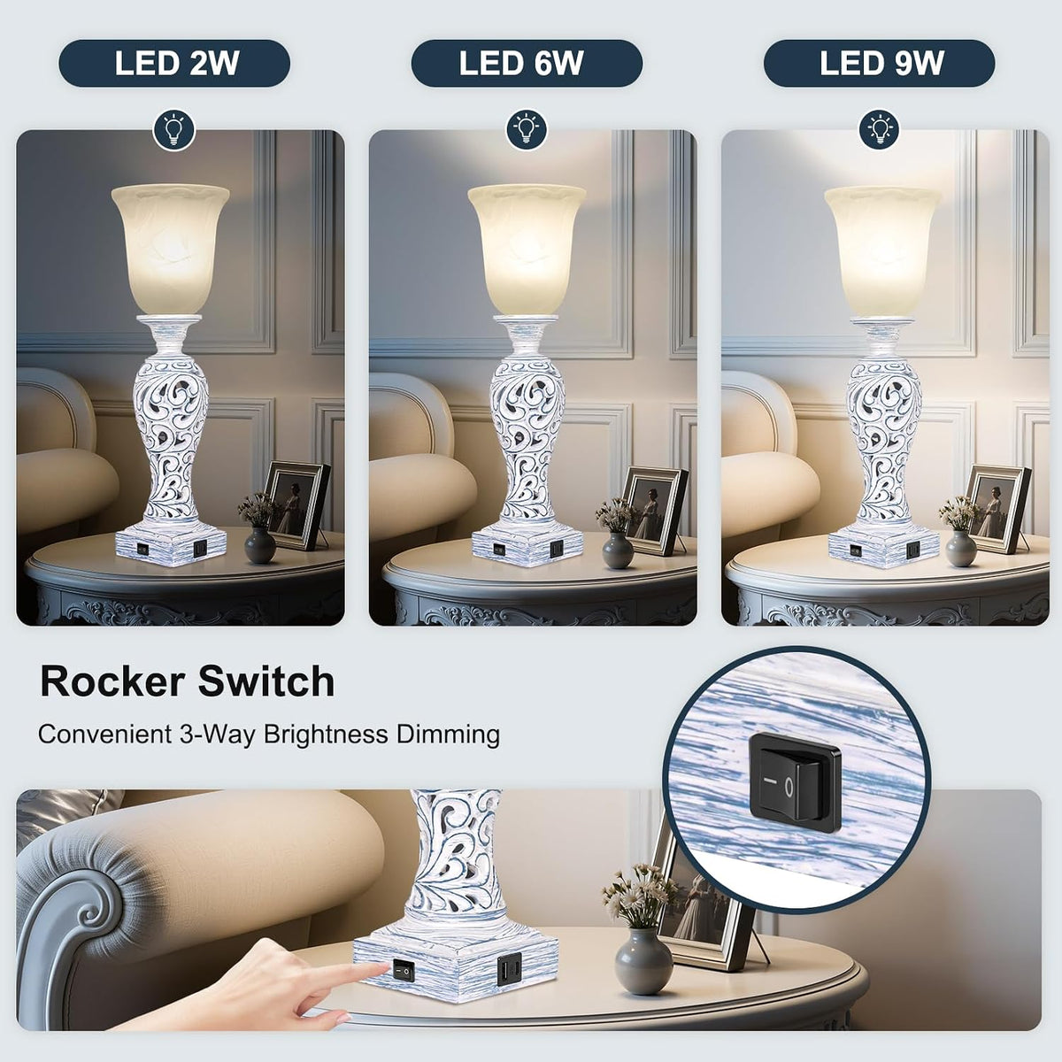 3-Way Dimmable Table Lamp with 2 USB Charging Ports, Washed Blue Finish