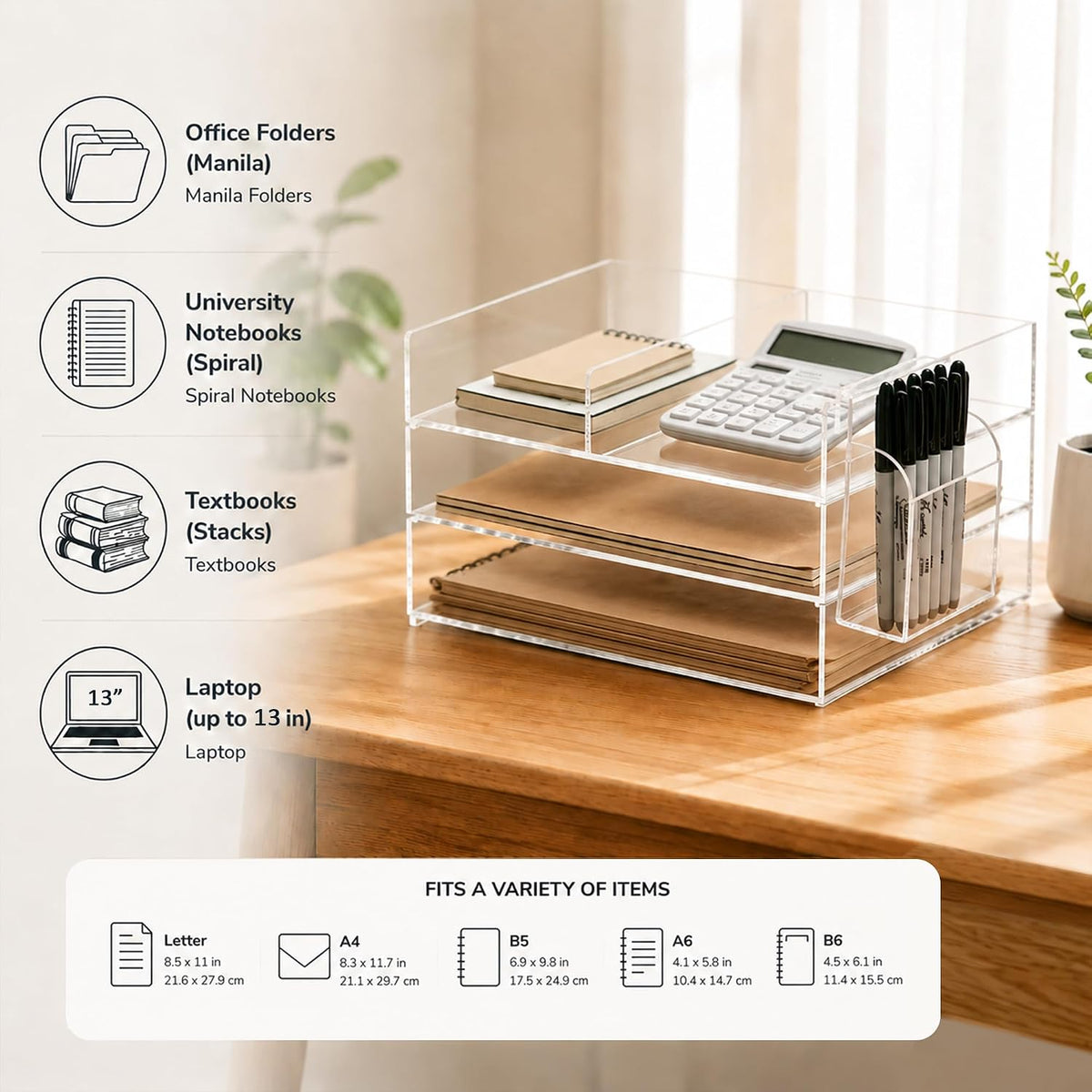 Clear Acrylic Desk Organizer with Pencil Holder – Paper Tray Office Storage