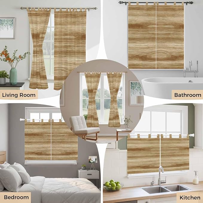 Light Brown Wood Grain Kitchen Curtains 45 Inch Length, Short Cafe Window