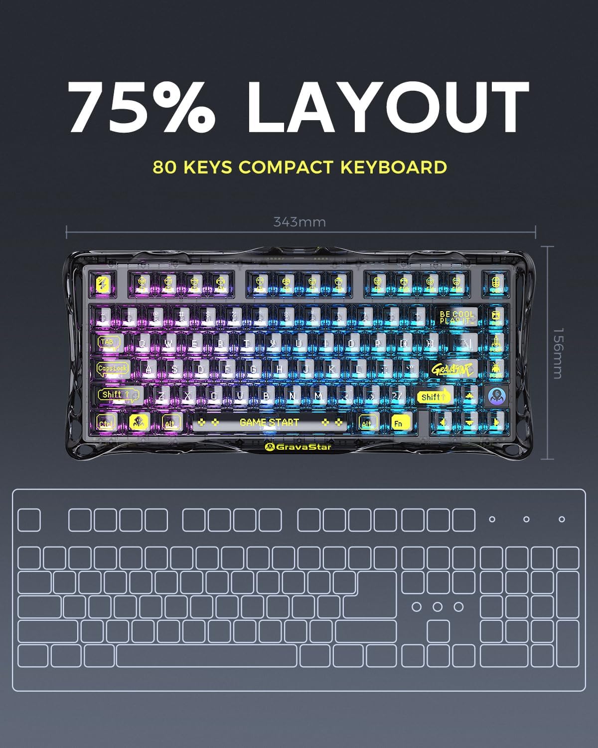 GravaStar Mercury K1 Lite 75% Wireless Mechanical Gaming Keyboard RGB