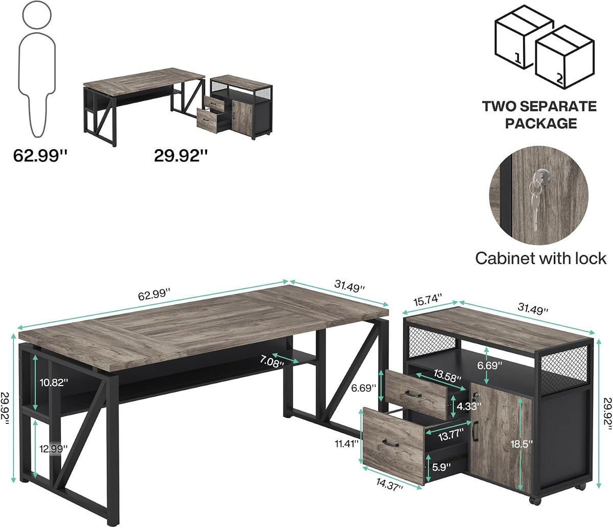 Tribesigns L Shaped Desk with Drawer Cabinet, 63" Executive Computer Desk and lateral File Cabinet, 2 Piece Home Office Furniture with Drawers for Hanging File, Doors with Locks (Gray, 63 inches)