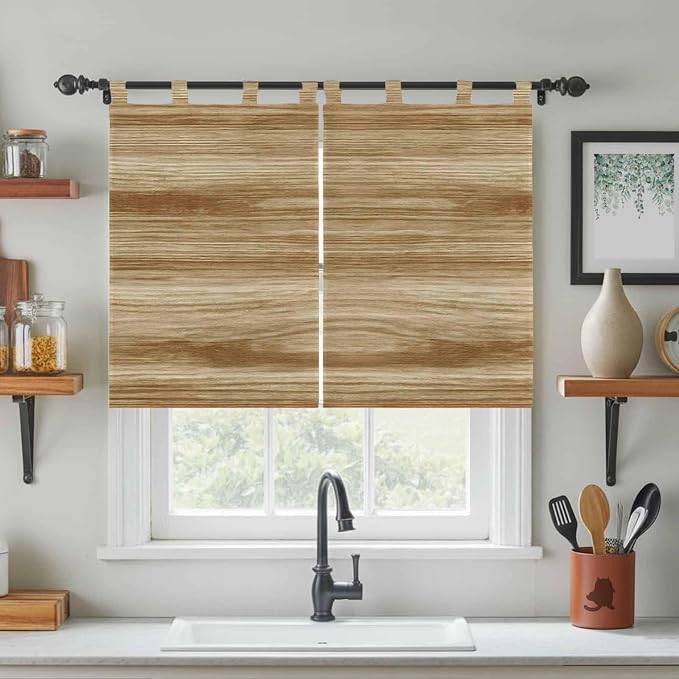 Light Brown Wood Grain Kitchen Curtains 45 Inch Length, Short Cafe Window