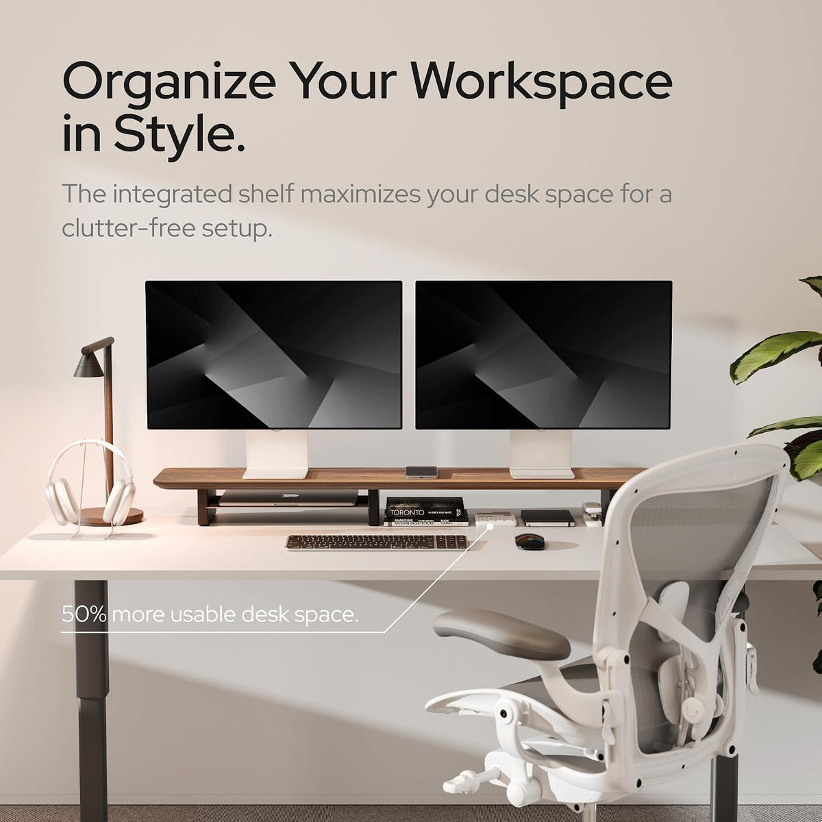KIVY Dual Monitor Riser with Integrated Metal Shelf - Wooden desk shelf