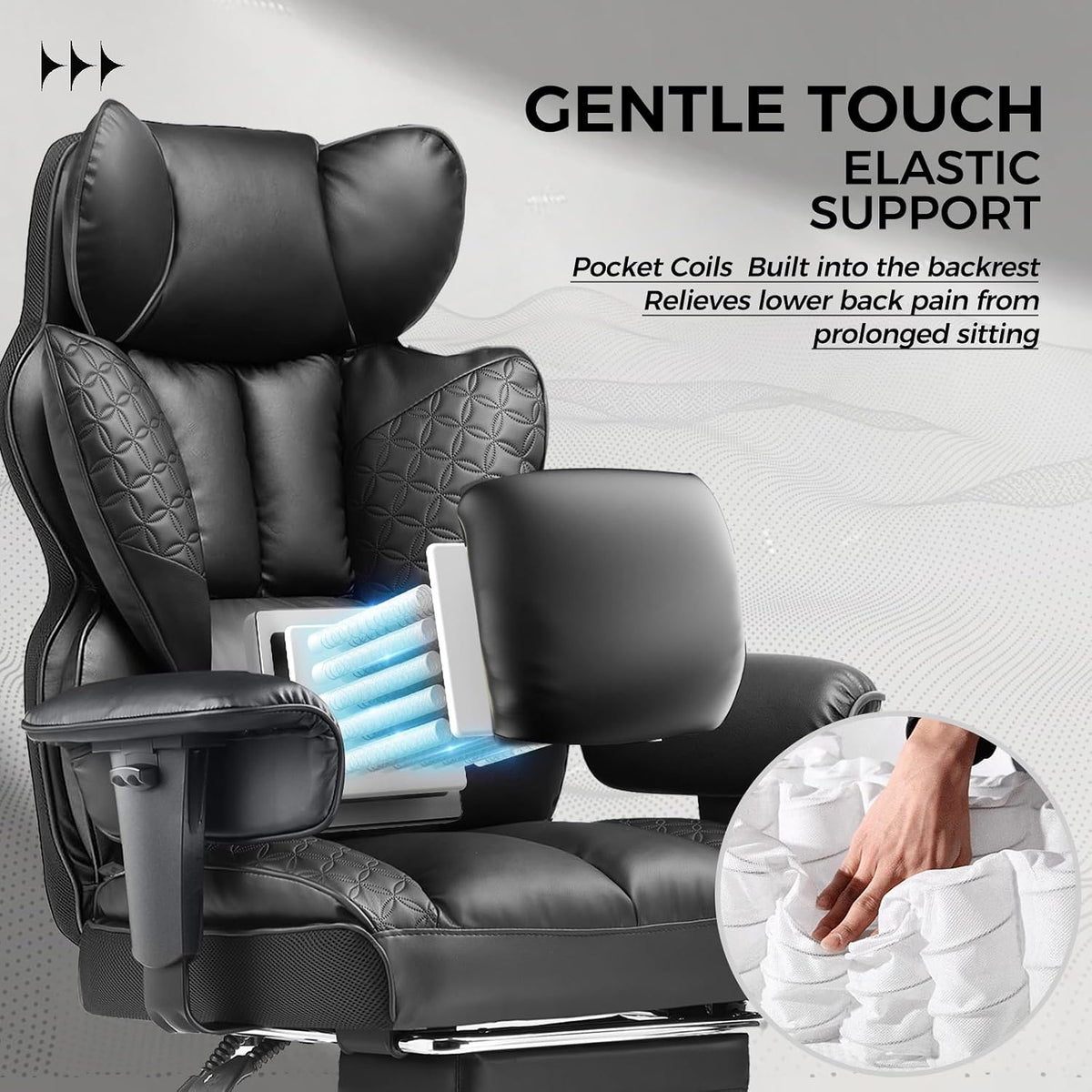 COMHOMA Big and Tall Office Chair Heavy Duty Wide Ergonomic Gaming Chair with Deluxe Embossing Leather with Foot Rest 145°Reclining Adjustable Armrests Pocket Spring Back Support and Without Pillow