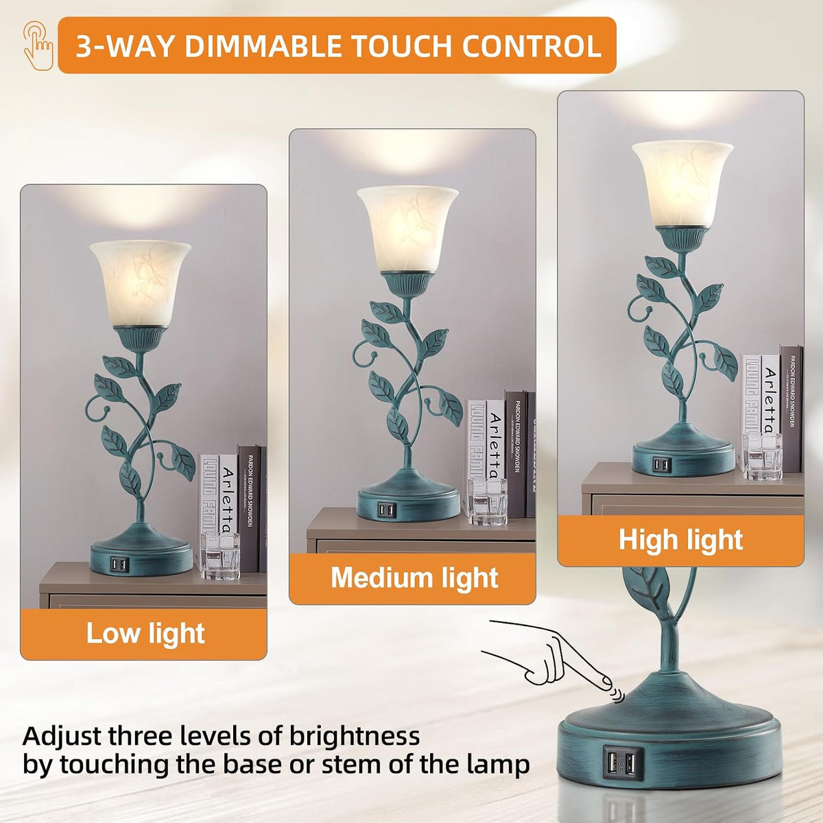 Vintage Touch Table Lamp for Living Room with 2 USB C+A Ports