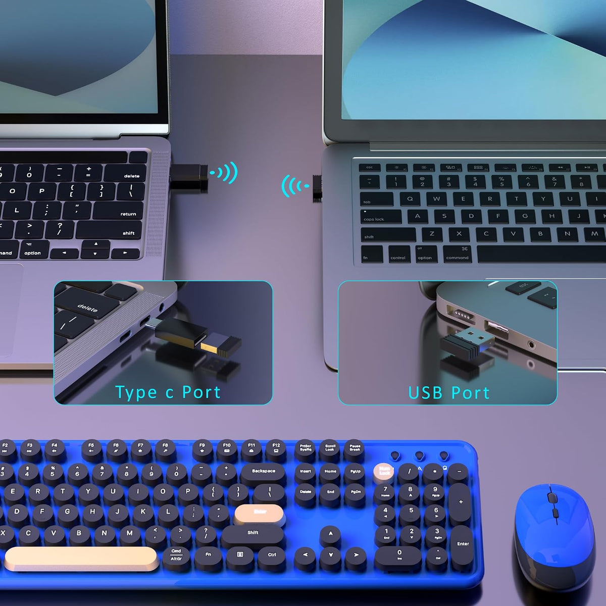 Retro Wireless Keyboard and Mouse Combo with Wrist Rest (Klein Blue)