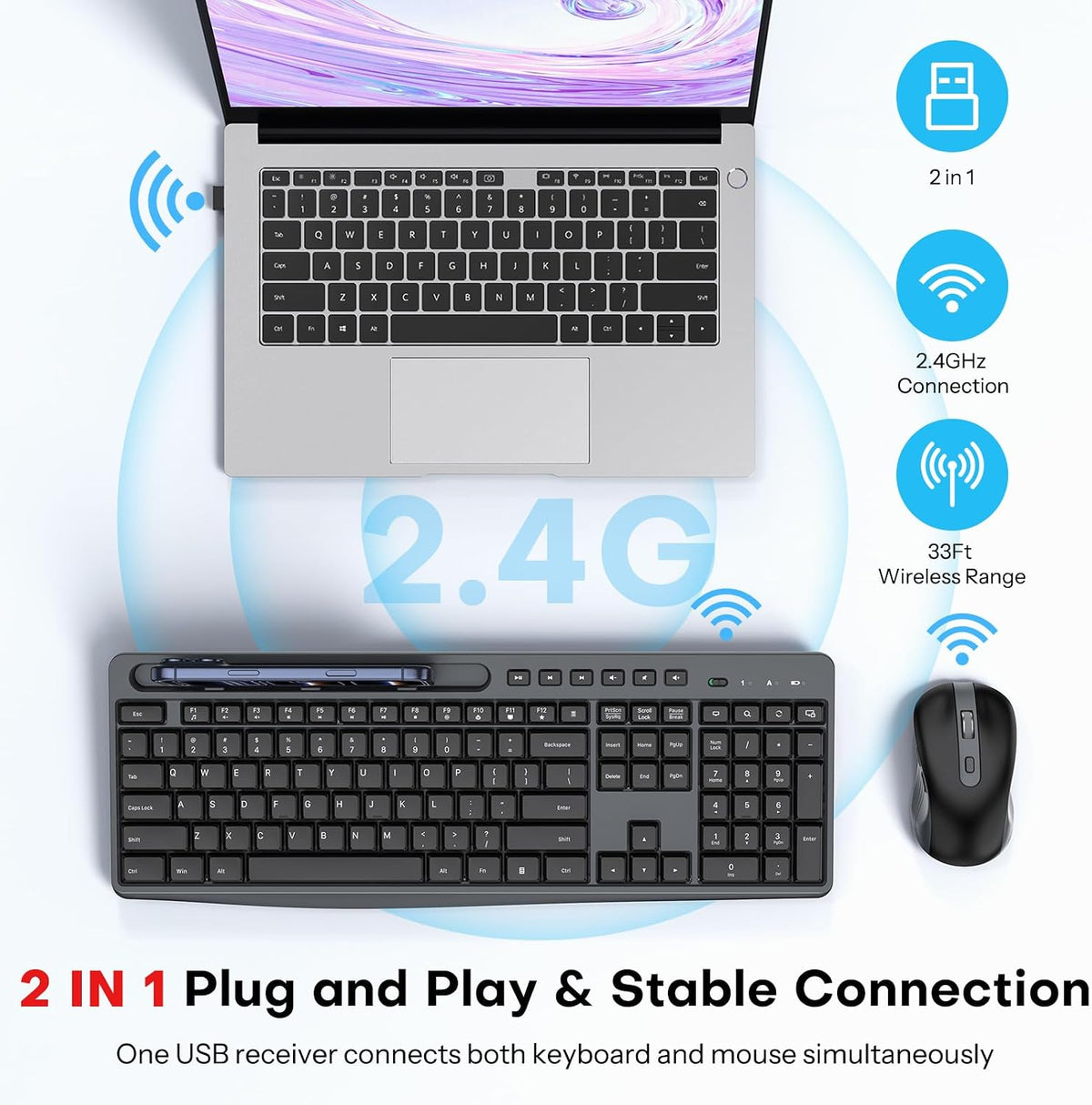 OMOTON Wireless Keyboard and Mouse Combo, 2.4G Quiet Set with Phone Holder